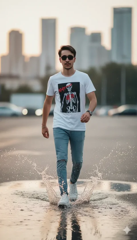 پرامپت تصویری از چهره شما، در حال پیاده روی در خیابان پر از آب با پاشش قطرات آب