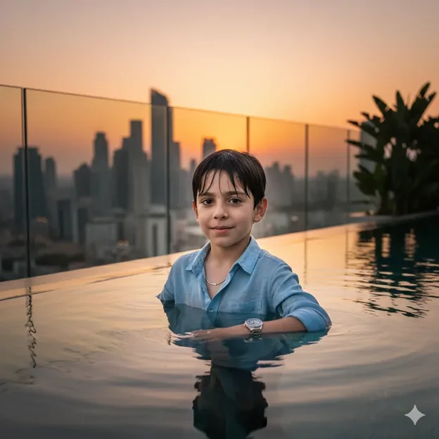 پرامپت تصویری از چهره کودک، در استخر پنت هاوس کمی از آب بیرون آمده است