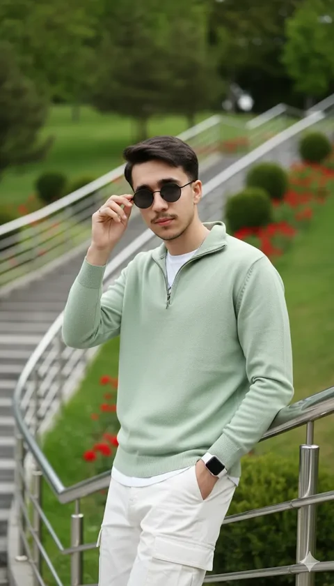 پرامپت تصویری از چهره شما، با پلیور سبز و شلوار سفید در یک فضای سر سبز