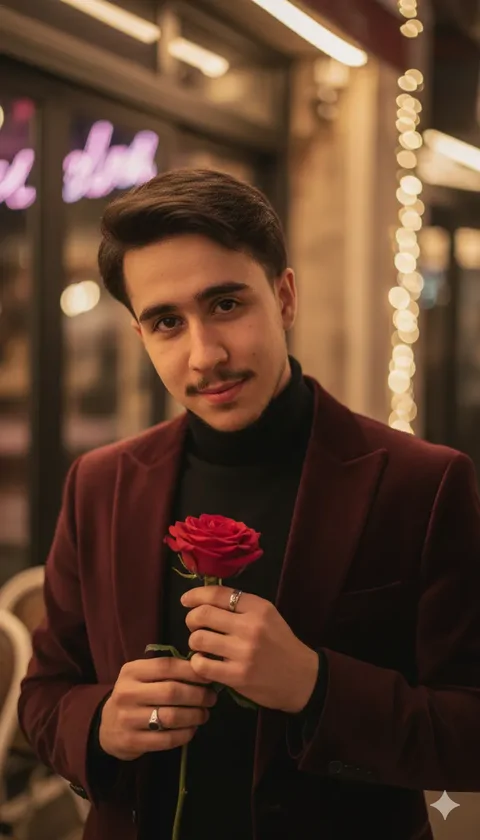 پرامپت تصویری رمانتیک از چهره شما مناسب خواستگاری با گل رز قرمز