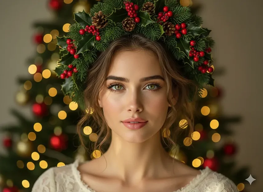 پرامپت آماده کریسمس از چهره شما، مناسب پروفایل با یک تاج گل کریسمسی