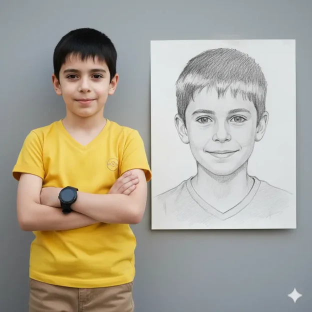 پرامپت هوش مصنوعی کودک تکیه داده به دیوار در کنار تابلوی نقاشی از چهره خود