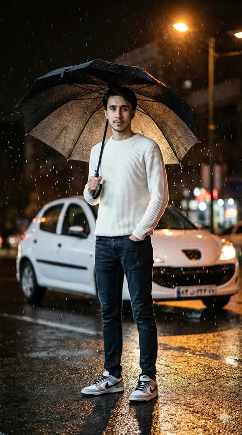 پرامپت تصویری از چهره شما ایستاده زیر باران در خیابان ایران با یک چتر