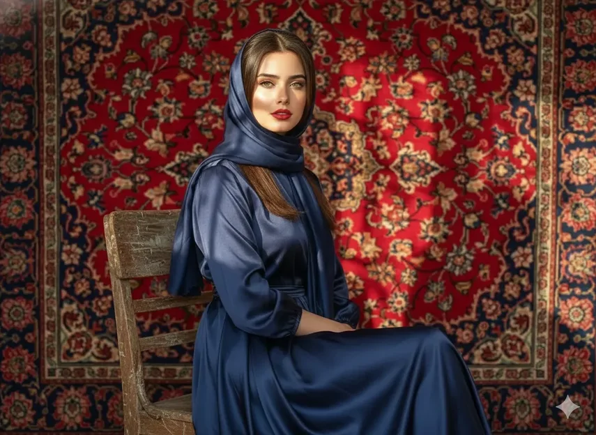 پرامپت تصویری از چهره شما با لباس ساتن سرمه ای در کنار فرش ایرانی