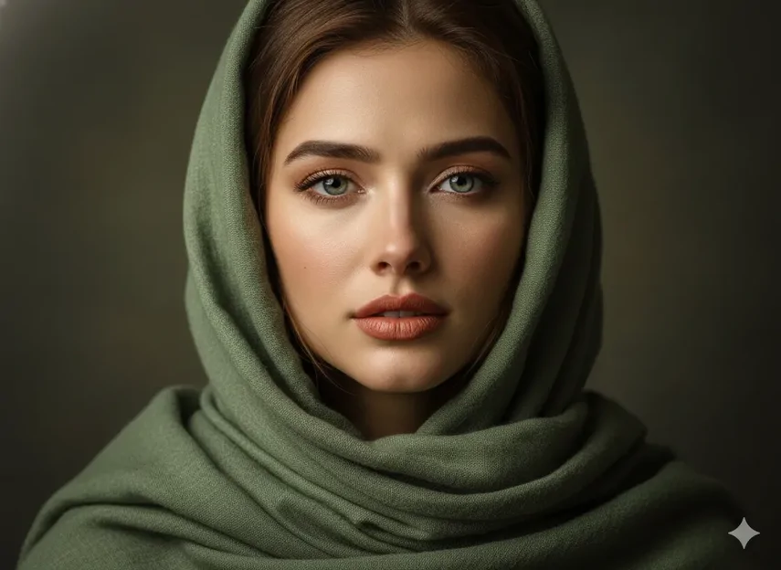پرامپت تصویری پرتره از چهره شما مناسب پروفایل با روسری سبز
