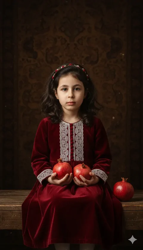 پرامپت یلدایی برای کودک شما با لباس سنتی قرمز با انار در دست