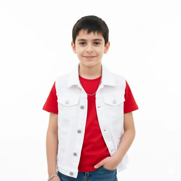 پرامپت استودیویی برای کودک شما با جلیقه سفید و تی شرت قرمز مناسب چاپ