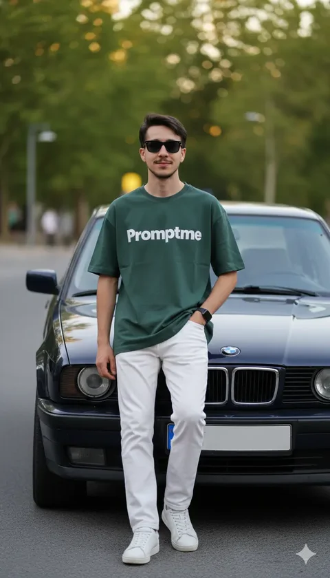 پرامپت عکس که به ماشین BMW E340 تکیه داده اید و تی شرت سبز رنگ با متن دلخواه پوشیده اید