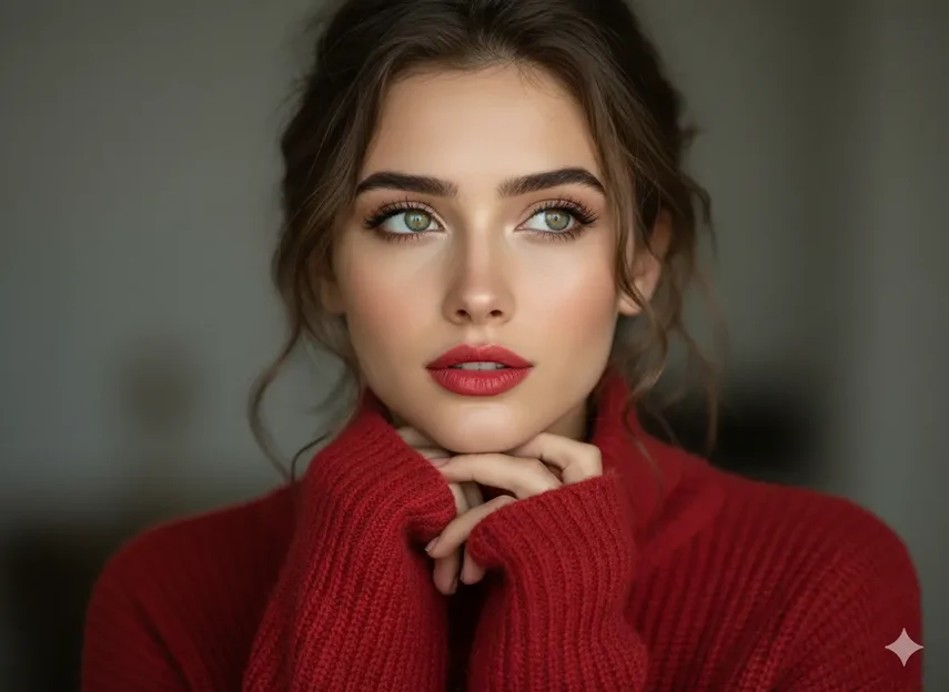 پرامپت عکس از شما با پلیور قرمز یقه اسکی و دست زیر چانه، مناسب پروفایل