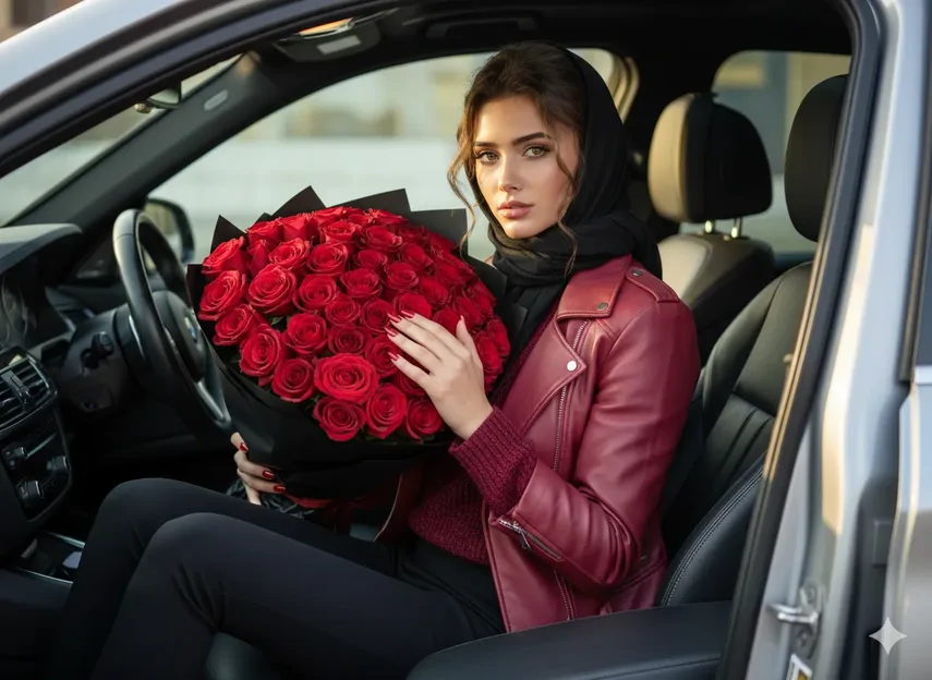 پرامپت عکس مناسب ولنتاین که با یک دسته گل بزرگ قرمز و ژاکت تمشکی روی صندلی ماشین BMW نشسته اید
