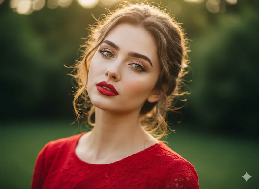 پرامپت عکس پرتره، با رژ لب قرمز و لباس قرمز در محیط سر سبز به دوربین نگاه می کنید