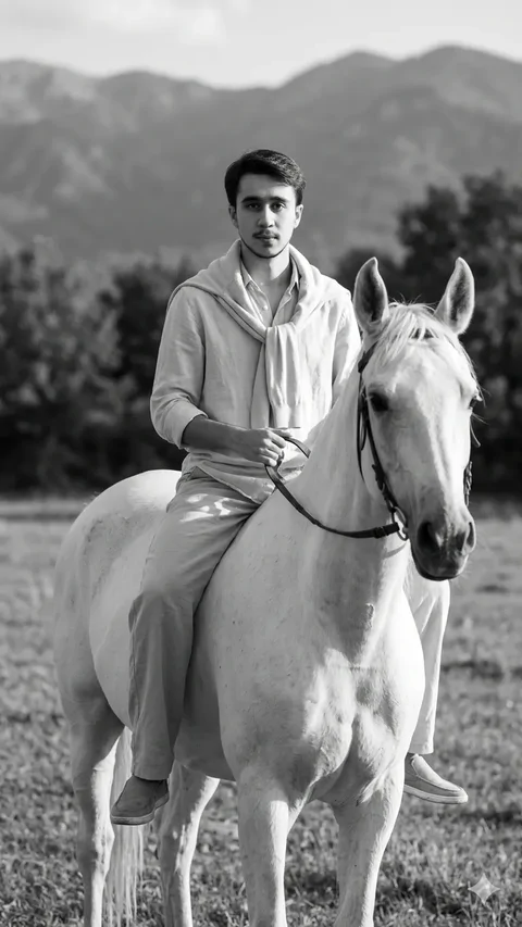 پرامپت عکس سیاه و سفید سوار بر اسب و ژاکت گره خورده روی شانه های شما