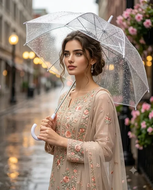 پرامپت عکس، در خیابان شهری خیس از باران با چتری شفاف و لباس گلدوزی شده ایستاده اید