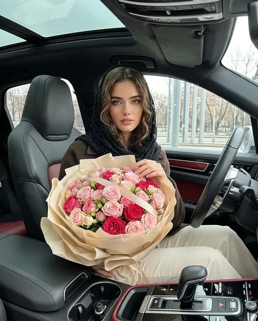 پرامپت عکس از چهره شما در ماشین مدرن و لوکس با یک دسته گل بزرگ رز نشسته اید