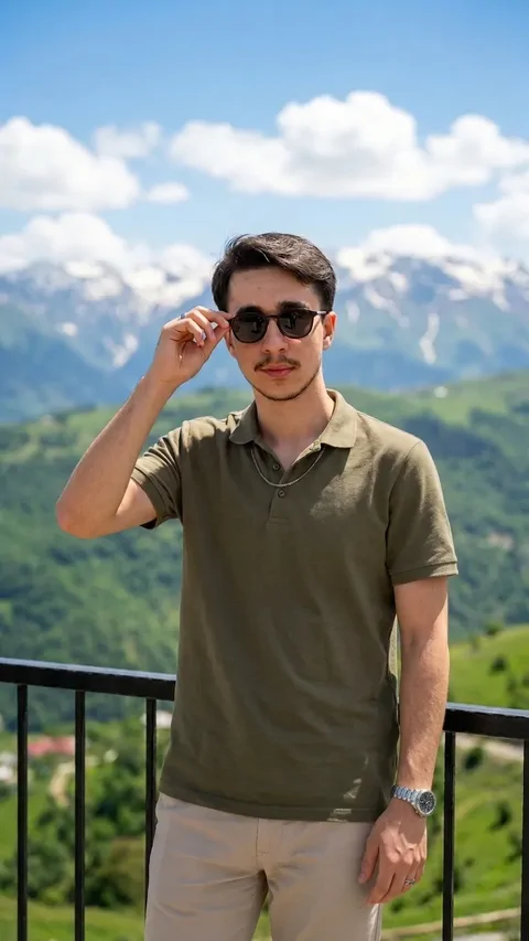 پرامپت عکس در منظره کوهستانی با تپه های سبز با تی شرت زیتونی و شلوار بژ