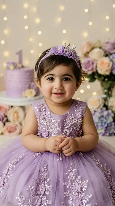 پرامپت عکس نوزادی با لباس مجلل از جنس تور بنفش و هدبند و کیک با سن دلخواه شما
