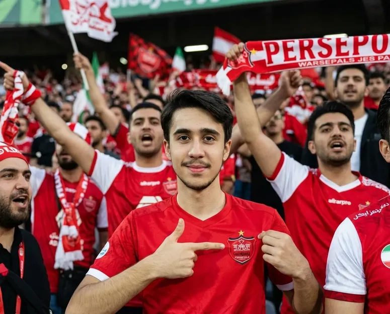 در این پرامپت عکس به عنوان طرفدار پرسپولیس در بین تماشاگران در استادیوم ایستاده اید