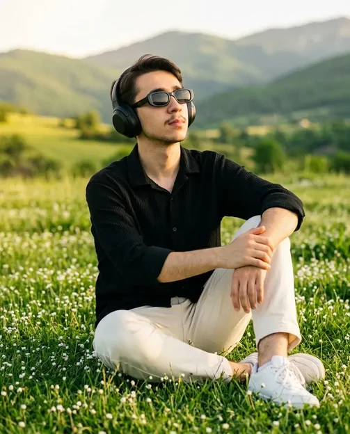 پرامپت عکس، در چمنزار پر از گل وحشی با هدفون روی گوش نشسته اید