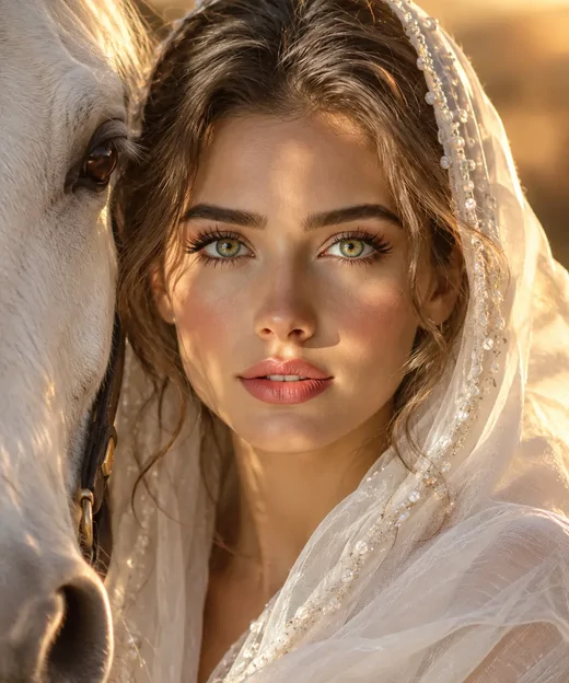 پرامپت عکس که صورت شما کنار یک اسب سفید قرار دارد در حالیکه شال سفید روی سر دارید