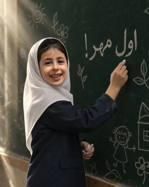 پرامپت عکس به مناسبت اول مهر که دختربچه شما کنار تخته سیاه با عبارت اول مهر ایستاده است