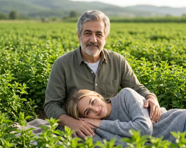 پرامپت عکس پدر دختری در دشت پر از نعنا که دختر سرش را روی پاهای پدرش گذاشته است