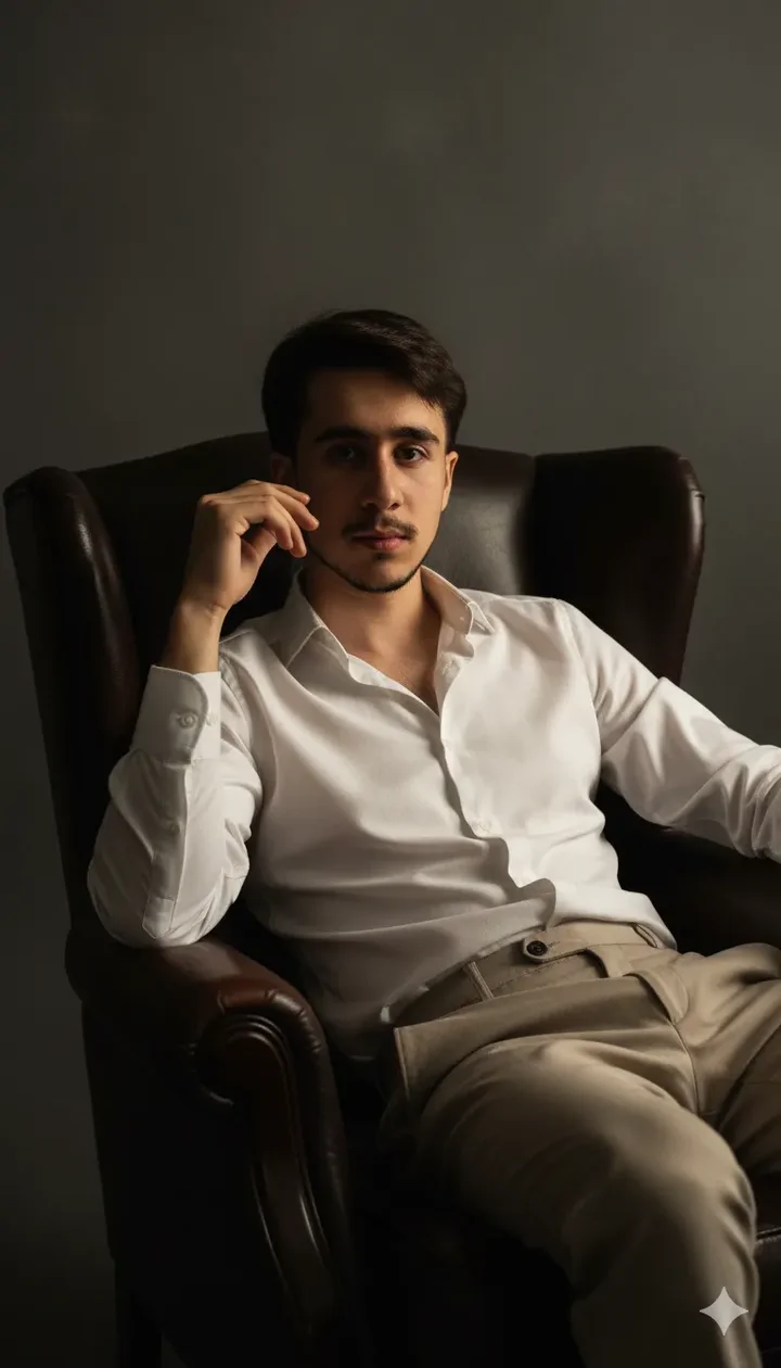پرامپت تصویری از چهره شما، نشسته روی صندلی چرمی