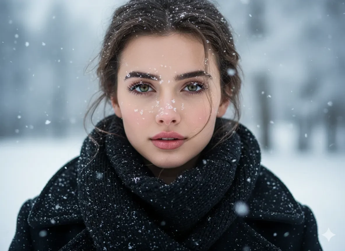 پرامپت تصویری پرتره از چهره شما، در یک روز برفی با یک شال گردن بافتنی
