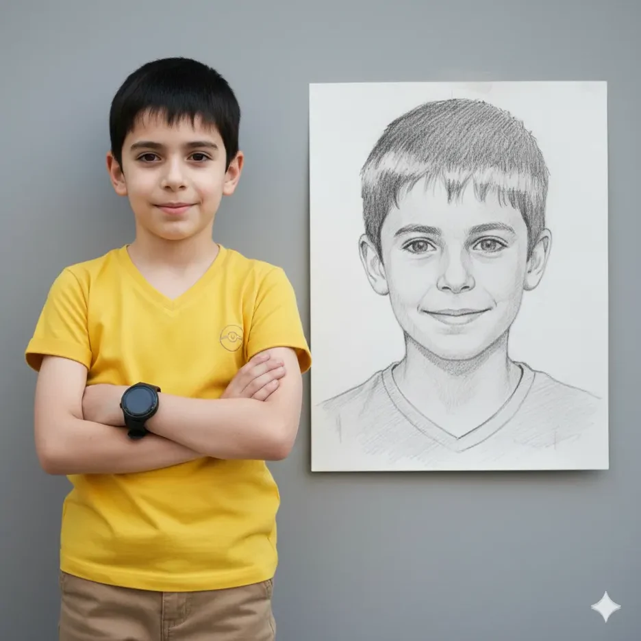 پرامپت هوش مصنوعی کودک تکیه داده به دیوار در کنار تابلوی نقاشی از چهره خود