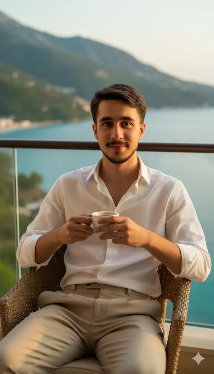 پرامپت عکس از چهره شما در یک بالکن مشرف به خلیج نشسته اید و یک فنجان قهوه در دست دارید