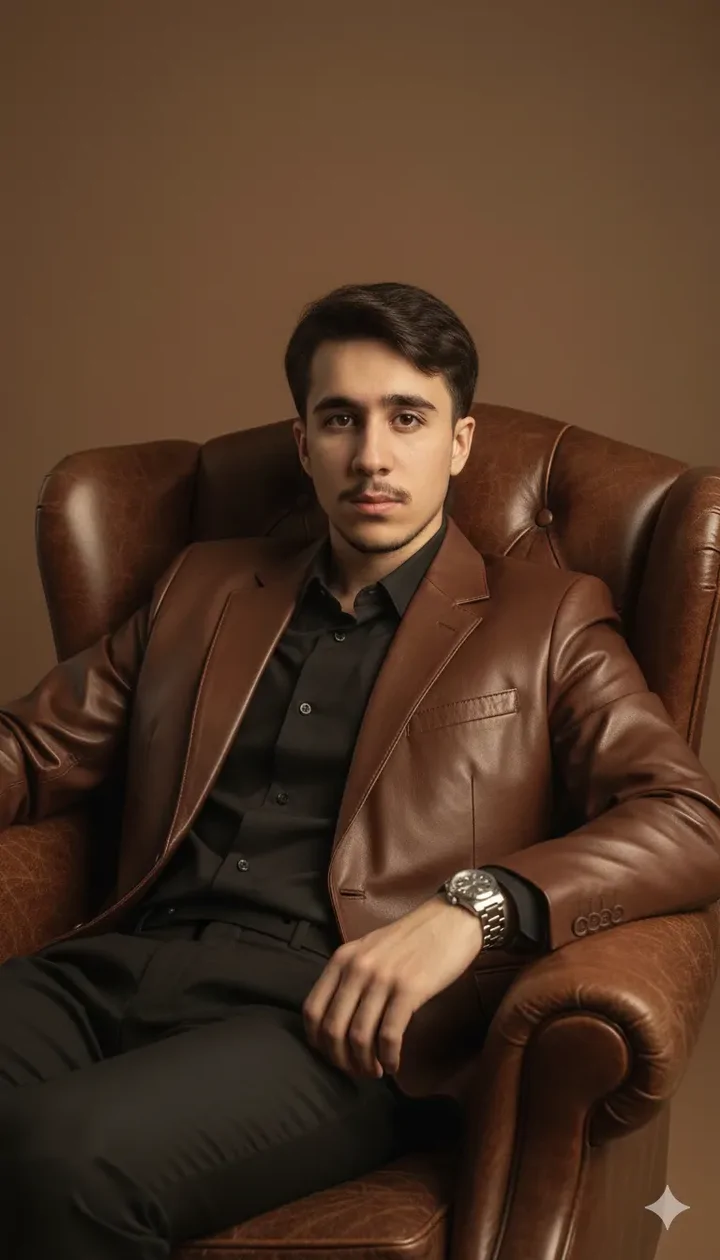 پرامپت آماده عکس که با کت چرمی قهوه ای روی صندلی لم داده اید