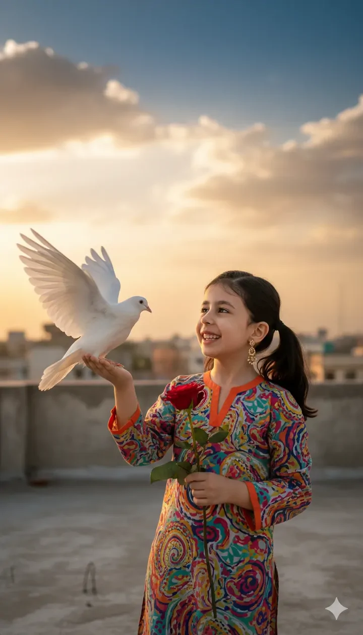 پرامپت عکس از چهره دختر بچه شما با یک گل رز در دست و یک کبوتر سفید در دست دیگر