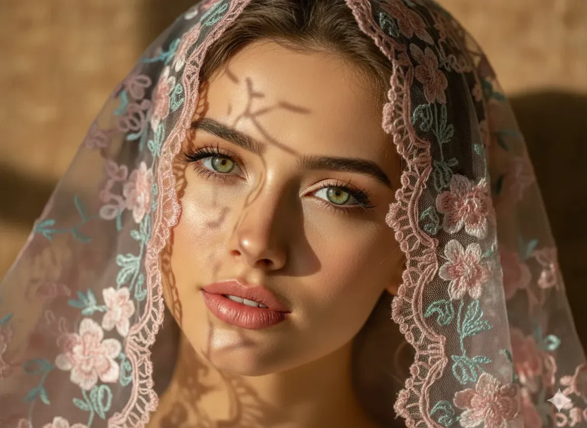 در این پرامپت عکس یک پارچه نازک گلدوزی شده گلدار با رنگ های آبی و صورتی روی سر شما قرار دارد