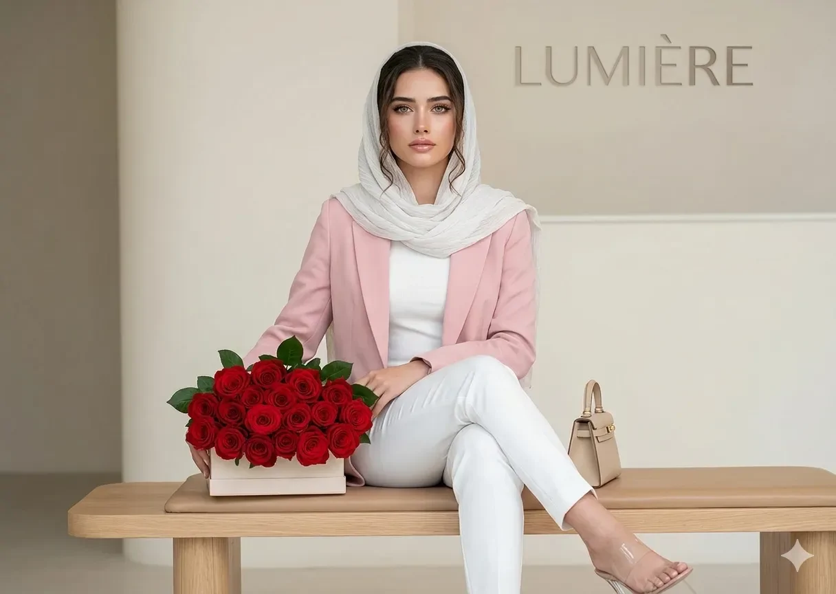 پرامپت عکس با کت صورتی و شلوار سفید در یک اتاق مینیمال مدرن با یک جعبه رز نشسته اید