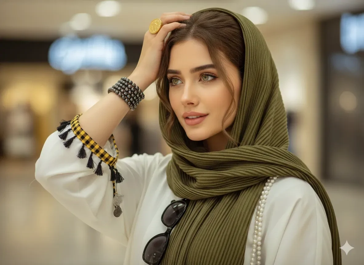 در این پرامپت عکس با شال سبز زیتونی و چندین ردیف دستبند مهره در یک پاساژ ایستاده اید