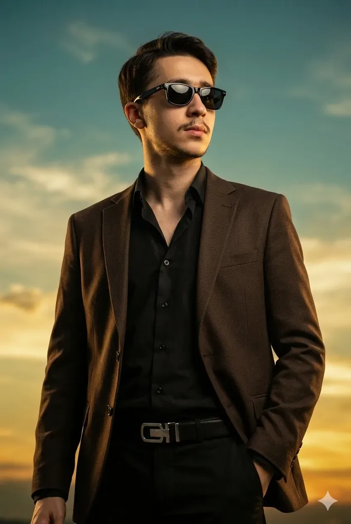 پرامپت عکس سینمایی با کت قهوه ای و پیراهن سیاه با نمایش قدرت و تسلط شما
