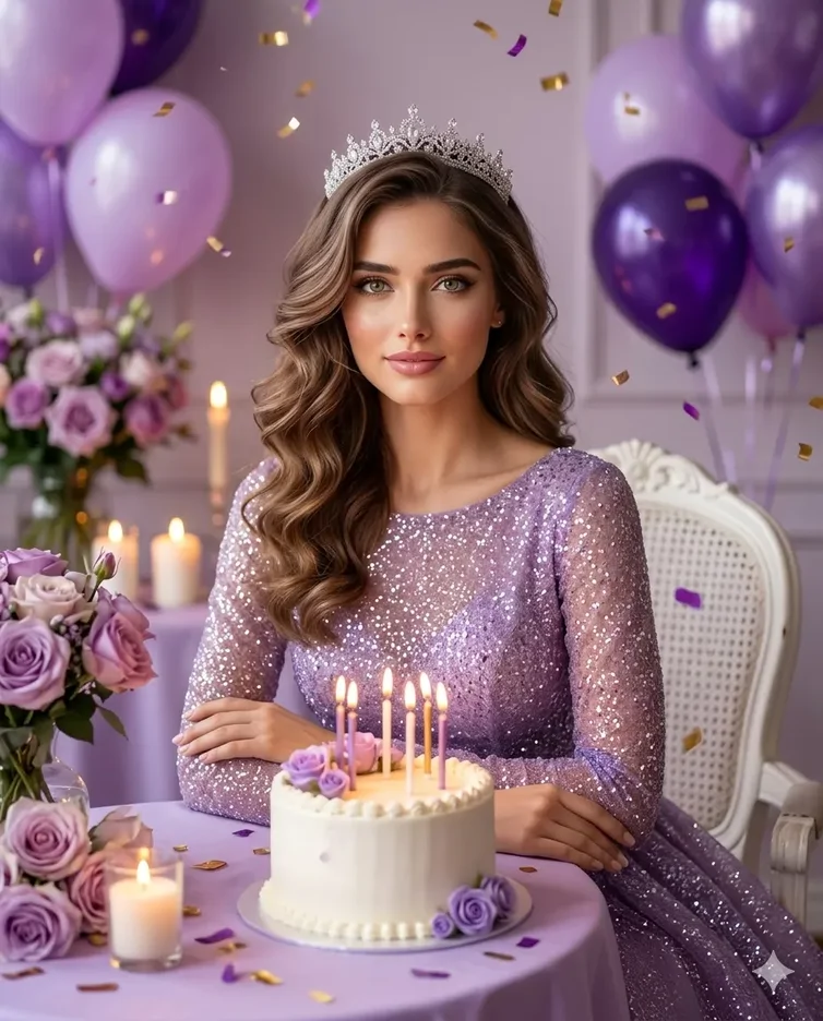 پرامپت عکس تولد مجلل با لباس مجلسی بنفش و تاج نقره ای
