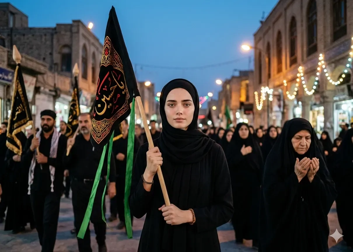 پرامپت عکس محرمی که در میان عزاداران با یک پرچم مشکی ایستاده اید
