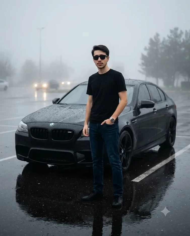 در این پرامپت عکس جلوی BMW مشکی در یک فضای مه آلود ایستاده اید