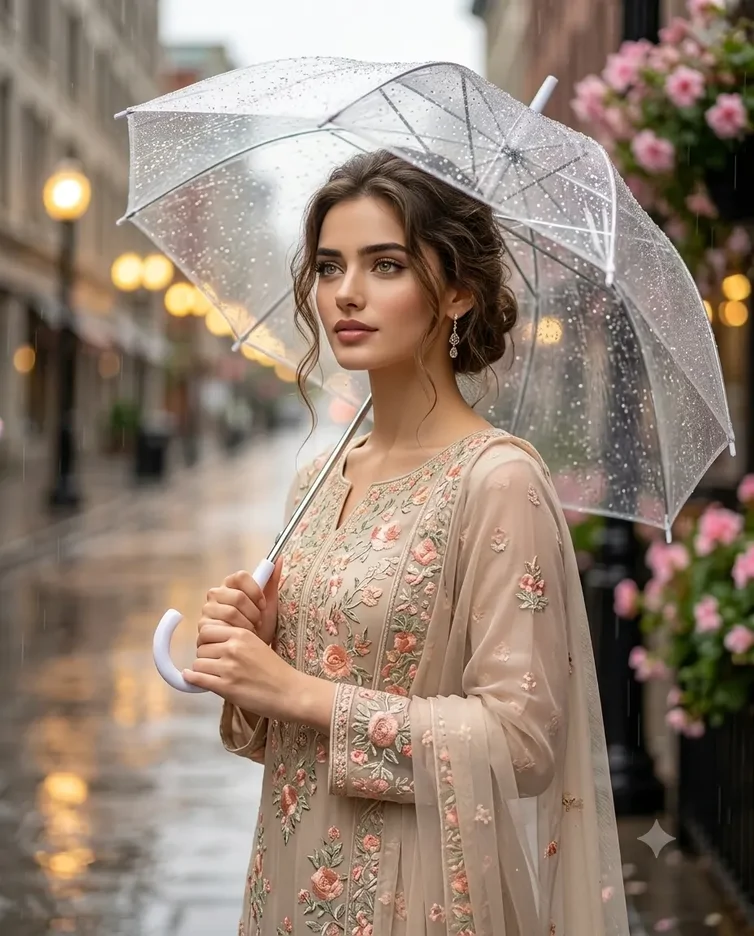 پرامپت عکس، در خیابان شهری خیس از باران با چتری شفاف و لباس گلدوزی شده ایستاده اید