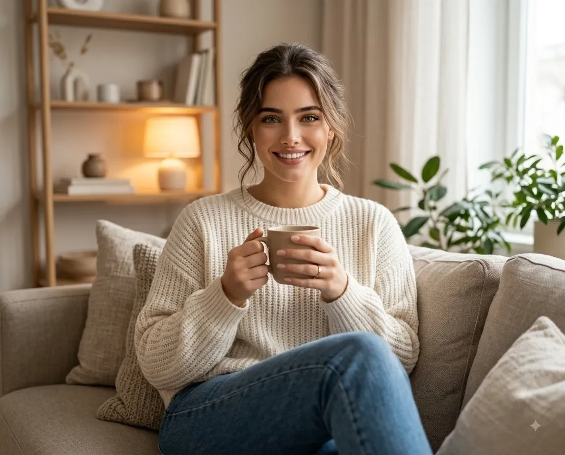 پرامپت عکس در فضای داخلی خانه روی مبل کرم رنگ نشسته اید و یک لیوان در دست دارید