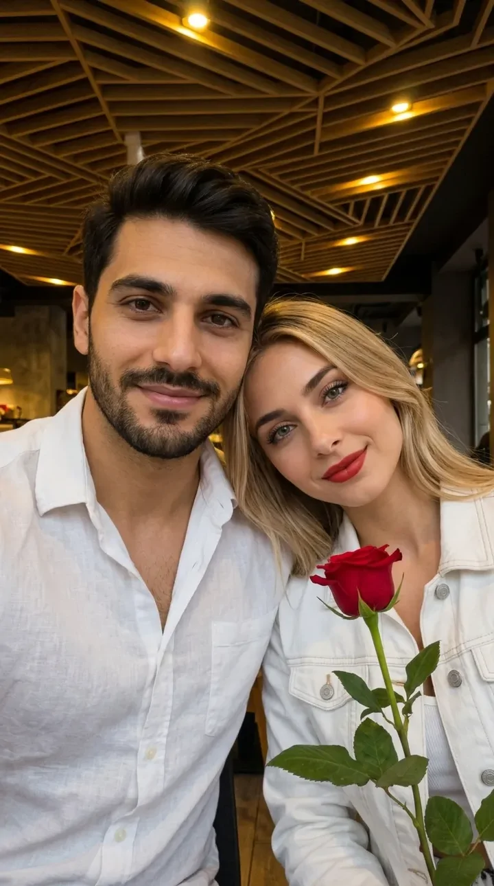 پرامپت عکس عاشقانه دو نفره در کافه که زن سرش را روی شانه مرد گذاشته و یک گل رز قرمز در دست دارد