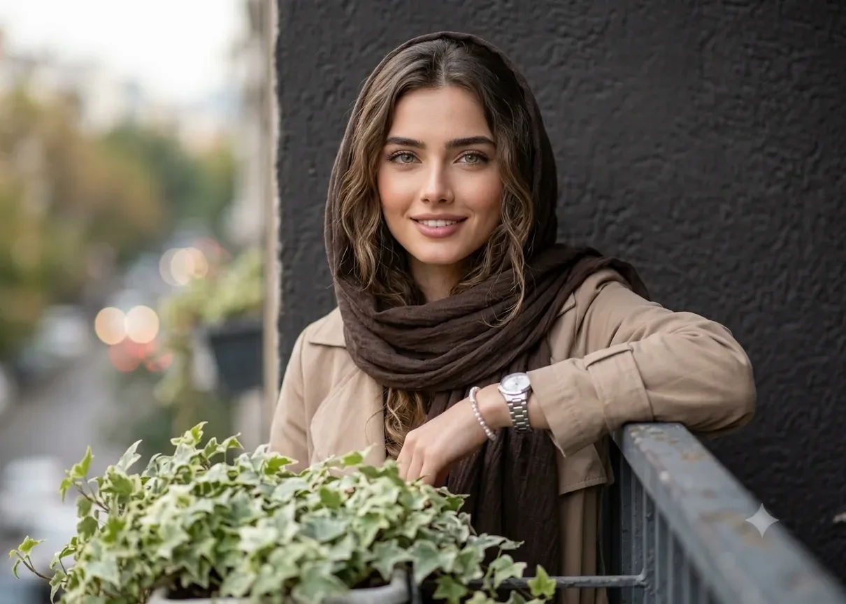 پرامپت عکس از چهره شما با شال قهوه ای و مانتو بژ به نرده تکیه داده اید