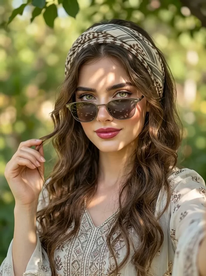 پرامپت عکس در باغ سرسبز با لباس کردی سنتی در حال گرفتن سلفی صبحگاهی هستید